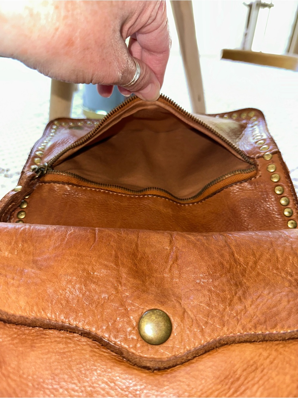 Sundance Brown Leather Stud-Trim Crossbody with Wristlet - Picture 5 of 11